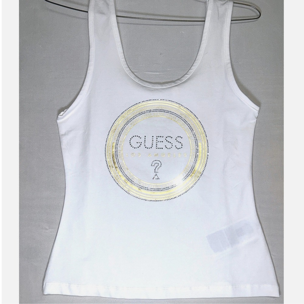 Guess Los Angeles Off White Rhinestone Logo Tank Top S Y2K-inspired - Picture 1 of 8
